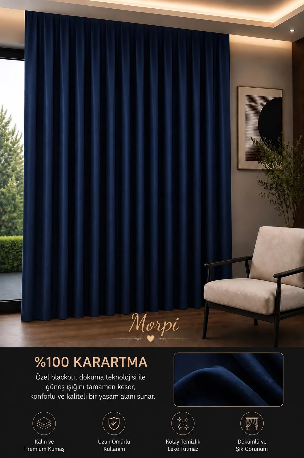 Blackout Işık Geçirmez Fon Perde  ’’ LACİVERT ’’ Pilesiz Ekstraforlu Karartma Güneşlik (ENXBOY)