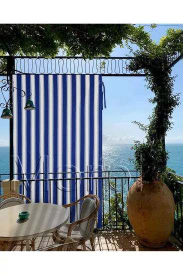 Balkon Perdesi Branda Çizgili En X Yükseklik Özel Dikim Mavi Beyaz